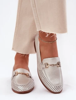 Kožené dámské mokasíny se zdobením na plochém podpatku S.Barski LR51-594 stříbrné