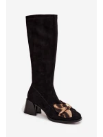 Dámské kozačky na podpatku s ozdobnou mašlí D&A – černé