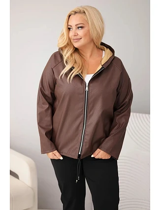Dámská bunda Plus Size s kapucí a nastavitelným spodkem hnědá