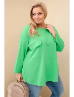 Dámská blůza Plus Size s kapsou a ohrnovacími rukávy z bavlny světle zelená Dámská blůza Plus Size s kapsou a ohrnovacími rukávy z bavlny světle zelená
