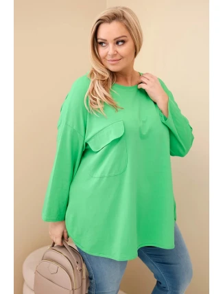 Dámská blůza Plus Size s kapsou a ohrnovacími rukávy z bavlny světle zelená Dámská blůza Plus Size s kapsou a ohrnovacími rukávy z bavlny světle zelená