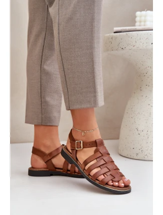 Kožené sandály na plochém podpatku Zazoo 3686 Camel