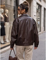 Dámská kožená bunda s stojáčkem, hnědá, FashionStreet TY5961 Dámská kožená bunda s stojáčkem, hnědá, FashionStreet TY5961