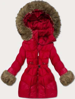 Tmavě červená prošívaná dámská bunda pro přechodné období s kožešinou J Style (5M3357-1)