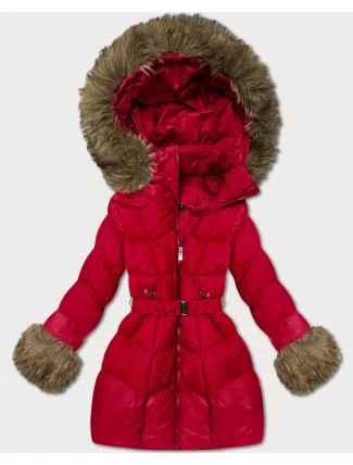 Tmavě červená prošívaná dámská bunda pro přechodné období s kožešinou J Style (5M3357-1)
