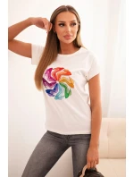 Dámská bavlněná blůza s krátkým rukávem a barevným potiskem ecru