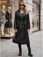 Dlouhý černý dámský dvouřadý kabát s páskem FashionStreet NY0780