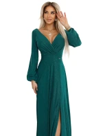 572-4 NELA třpytivé dlouhé šaty s výstřihem, dlouhými rukávy a rozparkem na nohou - BUTTER GREEN