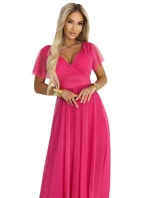 562-9 NASTIA Dlouhé šaty s výstřihem, kosticemi a krátkými rukávy - malinový sorbet