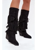 Vyhřívané Kůže Boty Kovbojky Dámské S Fringing Černé Brivina