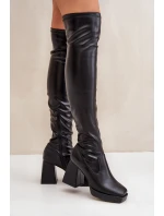 Přiléhavé kozačky nad kolena na podpatku tmavě hnědé Sanniraen