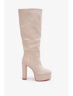 Kozačky na podpatku a platformě z eko kůže světle béžové Felilorn
