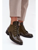 Dámské lakované botky Vinceza – s dekorativním ražením, tmavě zelené