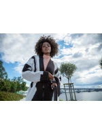 Dámský dlouhý Cardigan F1498 Černá s bílou mix - Fobya Dámský dlouhý Cardigan F1498 Černá s bílou mix - Fobya