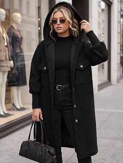 Dámský dlouhý kabát z ovčí kůže s kapucí, černý, FashionStreet NY0798
