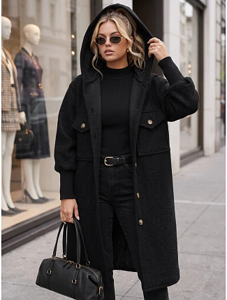 Dámský dlouhý kabát z ovčí kůže s kapucí, černý, FashionStreet NY0798 Dámský dlouhý kabát z ovčí kůže s kapucí, černý, FashionStreet NY0798