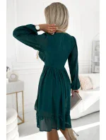 538-2 MILA Šifonové midi šaty s dlouhými rukávy a výstřihem - ZELENÉ