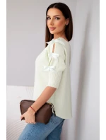 Dámský svetr s krátkým rukávem a ozdobnými mašličkami mátový