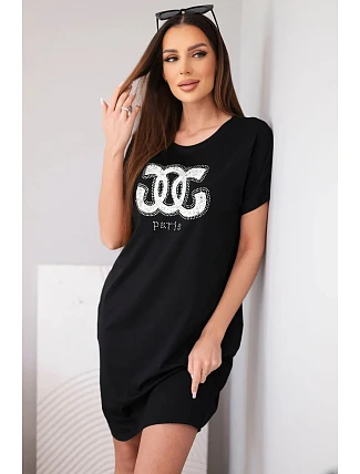 Dámské viskózové šaty s krátkým rukávem a ozdobným potiskem černá