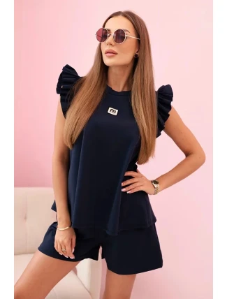 Dámský komplet s volánem – halenka s krátkým rukávem a šortky s gumičkou námořnická modř