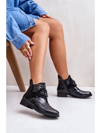 Lakované Dámské Boty S Ozdobou Zateplené Černé S.Barski HY42-021