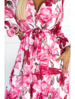 VALENTINA - Dámské midi šaty s výstřihem, páskem a se vzorem růžových růží na bílém pozadí 436-1