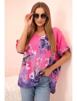 Dámská bavlněná blůza s květinovým potiskem a krátkým rukávem růžová