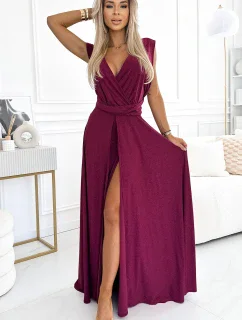 509-3 Elegantní dlouhé šaty s několika vazbami - Bordeaux s třpytkami