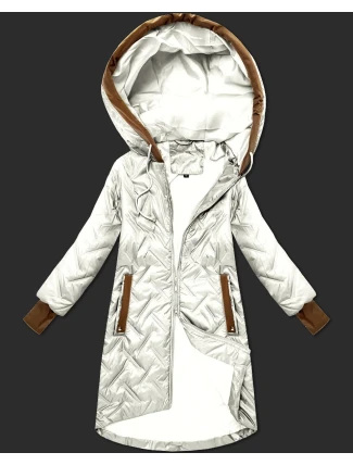 Dámská prošívaná bunda v barvě ecru s ozdobnými vsadkami (T2-2291#-12)