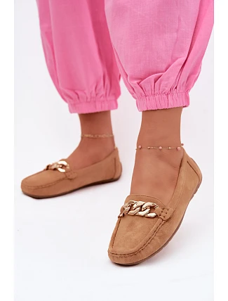 Dámské mokasíny se zlatým řetízkem a imitací semiše Camel Amaretto