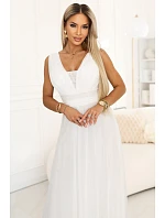 637-8 Dlouhé maxi šaty s brokátovým akcentem a hlubokým výstřihem - ecru barva