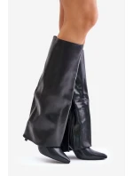 Zateplené kozačky na jehlovém podpatku s ohrnutým svrškem černé Tamonia