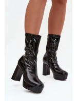 Lakované dámské kotníkové boty na platformě a klínovém podpatku černé Calvessa