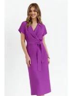 S363 Košilové šaty s páskem na zavázání - levandulová barva