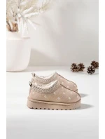 Dětské sněhule s květinami, zateplené kožíškem Palina – béžové