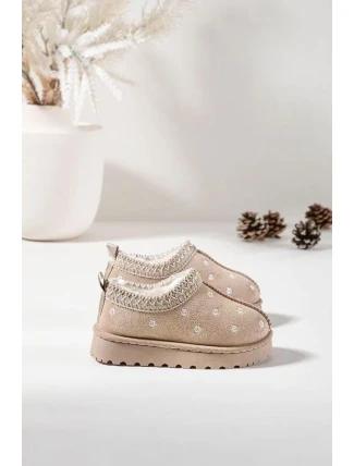 Dětské sněhule s květinami, zateplené kožíškem Palina – béžové