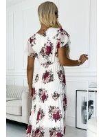434-8 LISA Plisované midi šaty s výstřihem a volánky - ecru + vínové květy