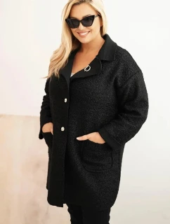 Dámský kabát Plus Size beránek s vlnou a kapsami černý
