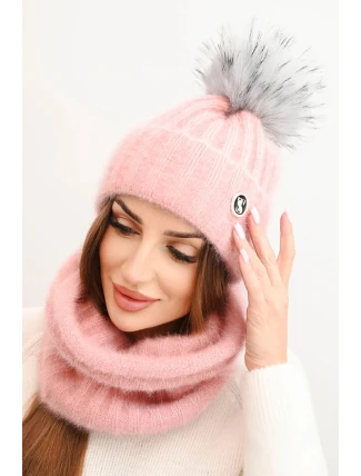 Dámská zimní souprava s bambulí a šálou pudrově růžová