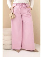 Dámské kalhoty Plus Size s širokou nohavicí a ozdobným květem v pase tmavě růžové