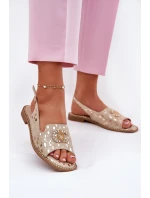 Kožené Sandály S Dekorací Na Plochém Podpatku S.Barski KV51-096 Zlaté Kožené Sandály S Dekorací Na Plochém Podpatku S.Barski KV51-096 Zlaté