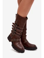 Zateplené dámské kozačky s pásky a přezkami hnědé Ivaline