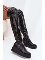 Lakované Kozačky Nad Kolena Na Platformě A S Delikátní Podpatkem Černé Tavina