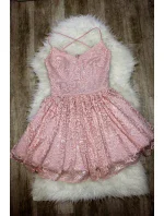 Společenské dámské šaty na ramínka krajkové s kolovou sukní růžové - Růžová / L - Sherri Společenské dámské šaty na ramínka krajkové s kolovou sukní růžové - Růžová / L - Sherri