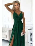 498-2 Dlouhé šaty s výstřihem a dvojitými ramínky - ZELENÉ S BROKEREM 498-2 Dlouhé šaty s výstřihem a dvojitými ramínky - ZELENÉ S BROKEREM