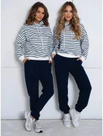 Tmavě modrý bavlněný dámský teplákový komplet s pruhovanou mikinou (82173)