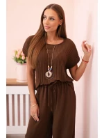 Viskózový komplet plisovaná halenka + kalhoty hnědý