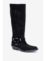 Semišové Kozačky Kovbojky Na Nízkém Podpatku S Dekorací Zazoo 3656 Černé