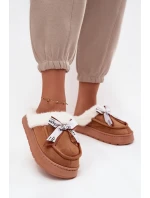 Dámské pantofle s kožešinou a mašlí hnědé Fenella