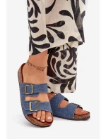 Dámské pantofle na korkové platformě s přezkami – tmavý denim